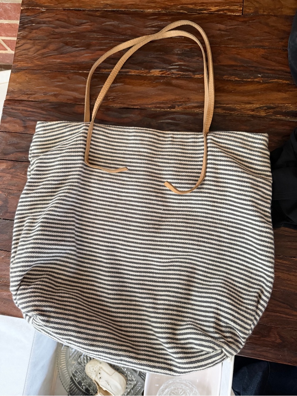 Eileen Fisher Black and White Striped Tote with Tan Shoulder Straps